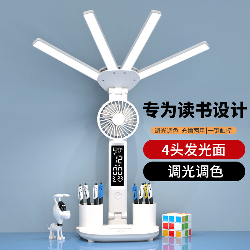 Led Desk Lamp Foldable Rechargeable 4-Head Fan Student Dormitory Smart Desk Bedroom Night Light Dimmable Bedside Table